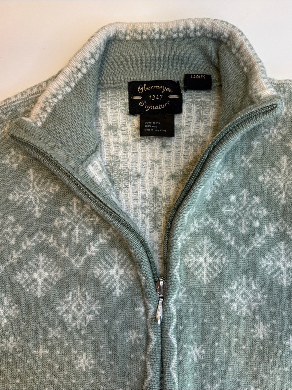 Vtg Obermeyer 1947 Signature Fair Isle Snowflake Zip Sweater -Sage Green Wool XS